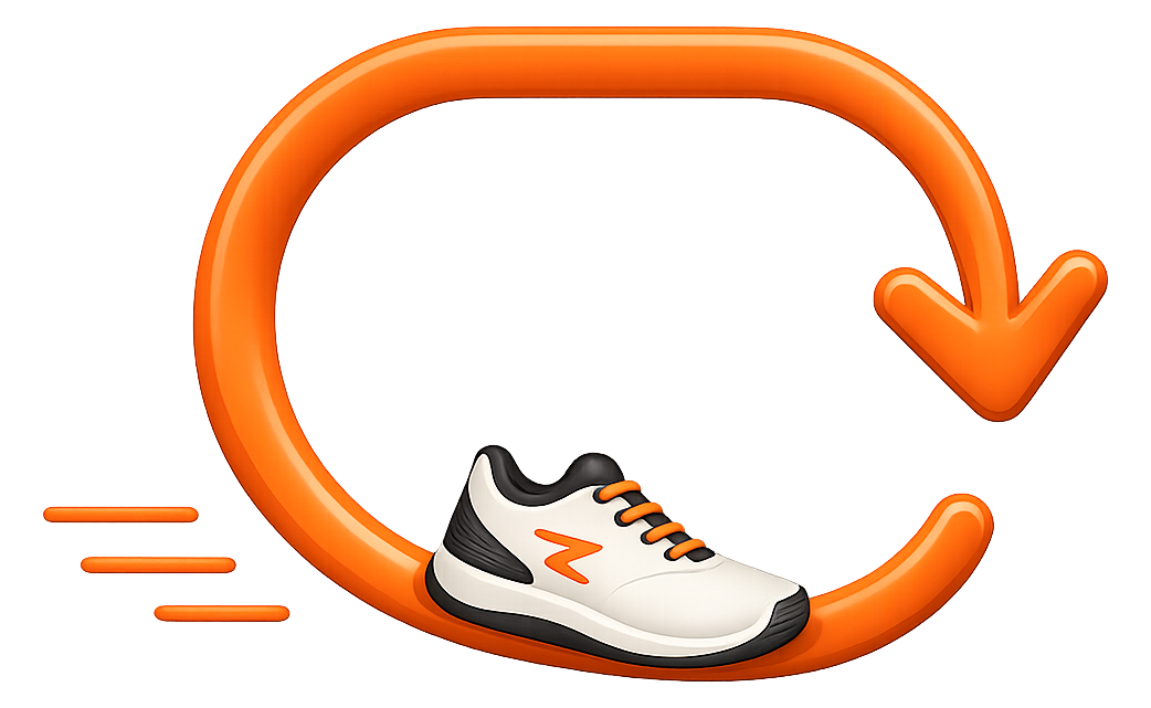 A running shoe circled by a looping replay arrow, illustrating rewinding the same short section of a song to keep pace