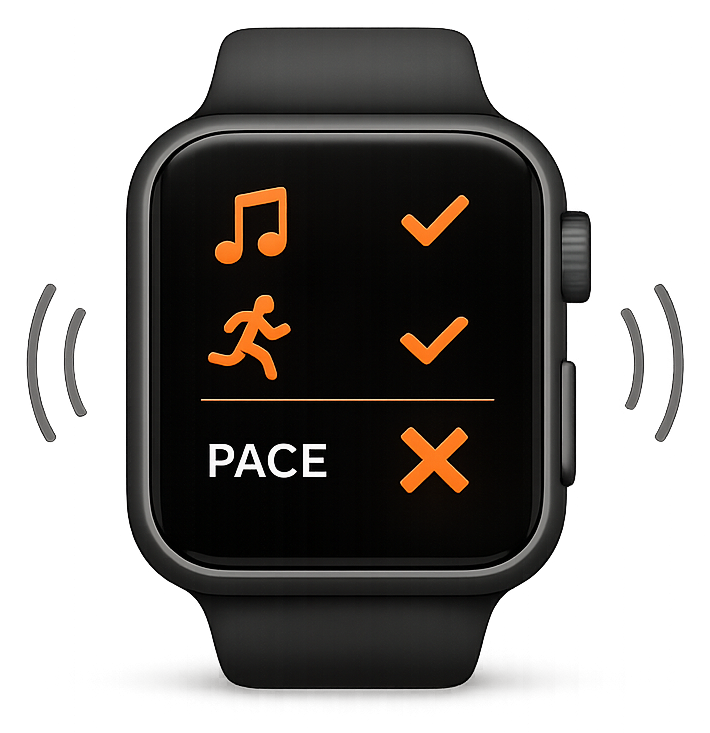 A running watch showing music and running ticked but pace marked with a cross, illustrating running in time with the beat yet still off target pace