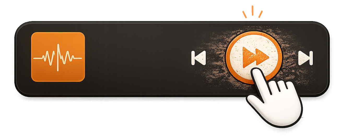 A finger pressing the skip-forward button on a music player, illustrating repeatedly changing songs mid-run
