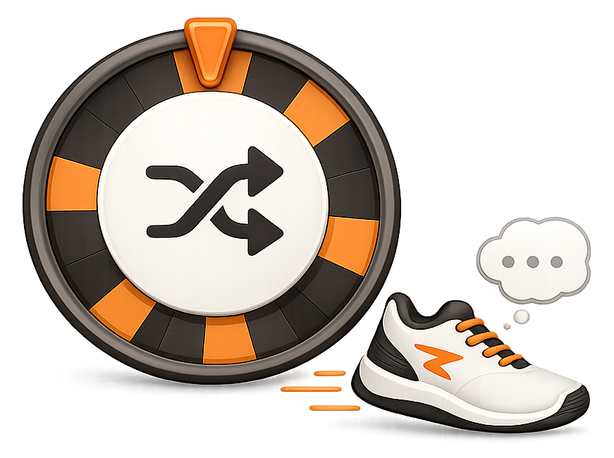 A shuffle roulette wheel beside a running shoe with a thinking bubble, illustrating choosing a random playlist and hoping it fits the workout