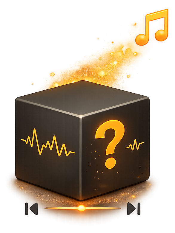 A mystery box marked with a question mark emitting a music note over track skip controls, illustrating uncertainty about whether the next song suits the next interval