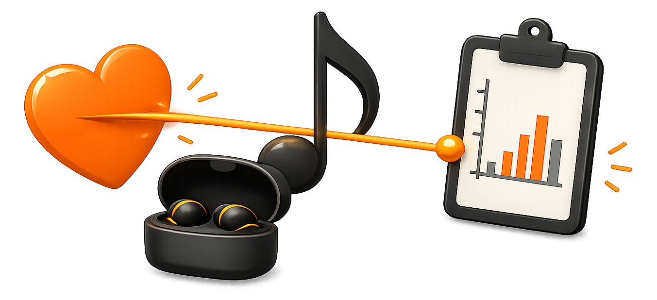 A heart, earbuds, a musical note and a bar chart linked in a line, illustrating music chosen to match heart rate and interval effort rather than personal taste
